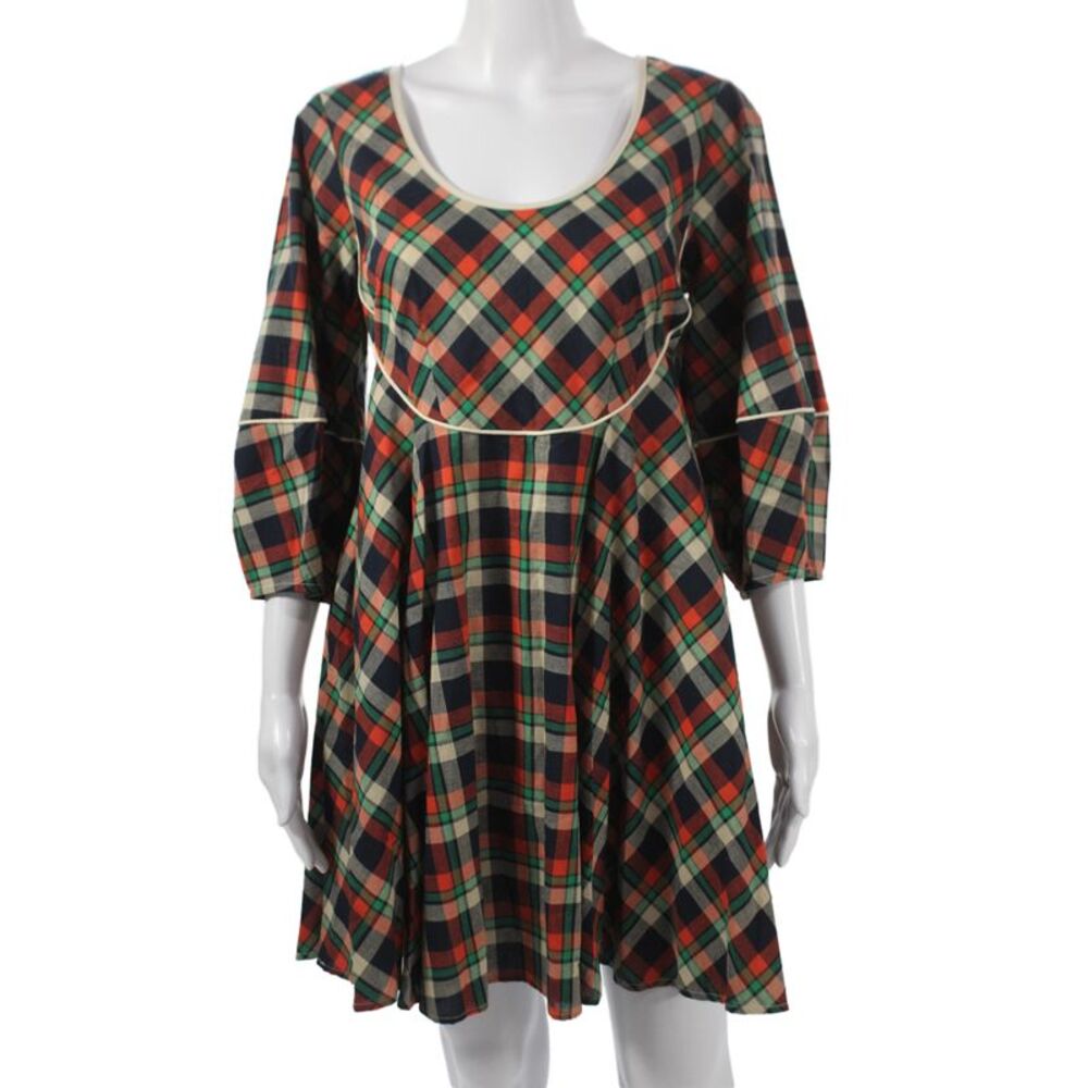 Rachel Antonoff Women Multicolor Plaid A-Line Dress 3/4 Sleeve Cotton Size S